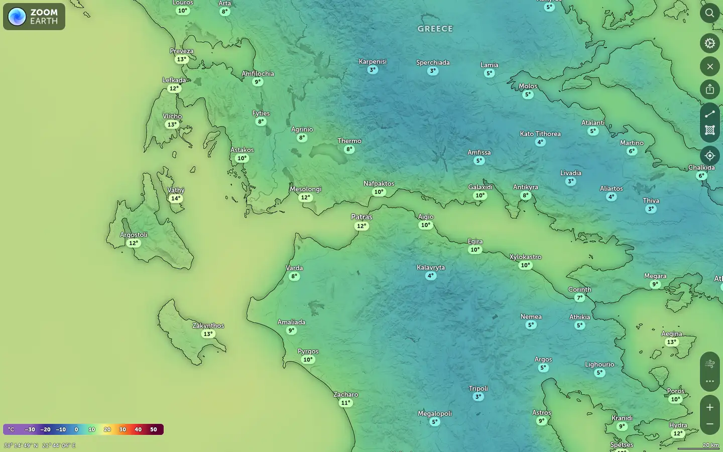 Χάρτης θερμοκρασίας Πάτρα καιρός
