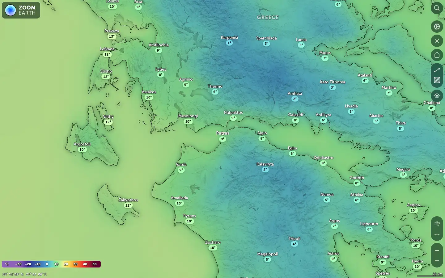 Χάρτης θερμοκρασίας Πάτρα καιρός
