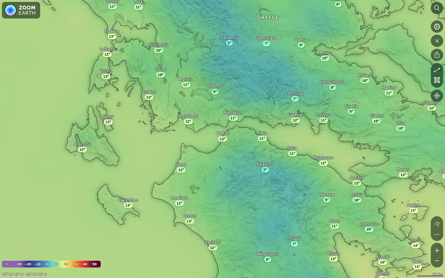 Χάρτης θερμοκρασίας Πάτρα καιρός